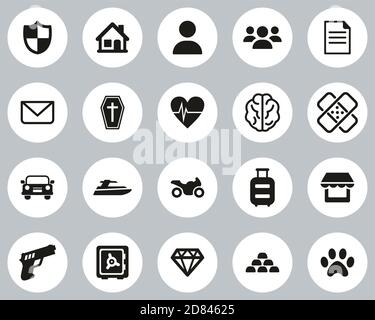 Insurance Policy Icons Black & White Flat Design Circle Set Big Stock Vector