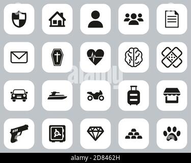 Insurance Policy Icons Black & White Flat Design Set Big Stock Vector
