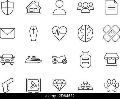 Insurance Policy Icons Black & White Thin Line Set Big Stock Vector