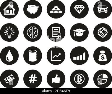 Investment Plan Icons White On Black Flat Design Circle Set Big Stock Vector