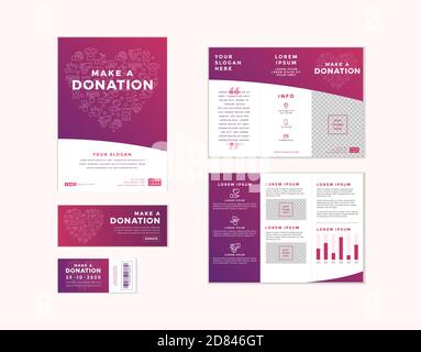Set of charity and donation templates in one design. Flyer, ticket, banner and poster with your text for volunteer center, fundraising event, organiza Stock Vector