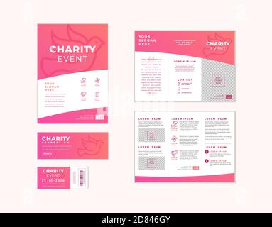 Set of charity and donation templates in one design. Flyer, ticket, banner and poster with your text for volunteer center, fundraising event, organiza Stock Vector