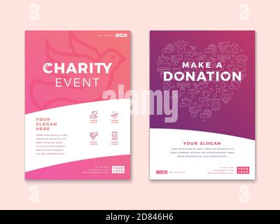 Charity and donation poster design templates with vector line icon elements set in heart form. Card flyer poster illustration with your text for volun Stock Vector