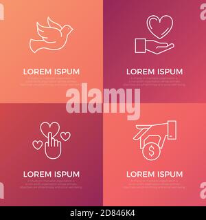 Collection of vector banner templates with charity objects. Card for non-profit organizaiton, fundraising event, volunteer centre. Vector line icon de Stock Vector