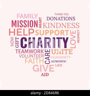 Concept of charity and donation background heart shaped typography. Ideal as bacground. Flat design, vector illustration. Stock Vector