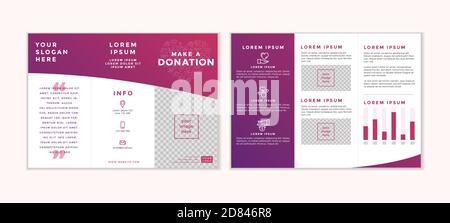 Charity and donation trifold design template. Card flyer with your text for volunteer center, fundraising event, organization. Vector illustration. Stock Vector