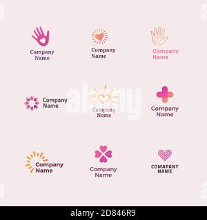 Set of different logos for charity, non-profit organizaiton, fundraising event, volunteer centre. Simple modern design. Stock Vector