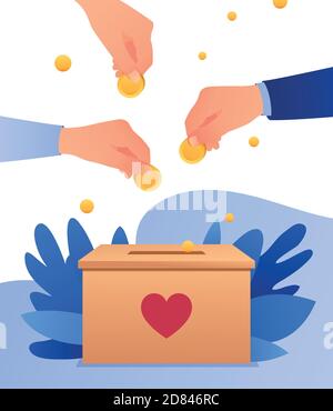 People throw gold coins in a carton box with heart. Coins in hand. Donation box. Donate, giving money. Vector illustration, flat style design. - Vekto Stock Vector