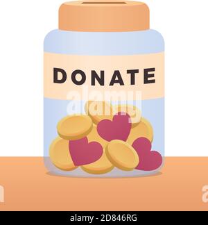 Jar box with hearts and coins inside. Banner text donate. Donation box. Donate, giving money. Vector illustration, flat style design. - Vektor Stock Vector