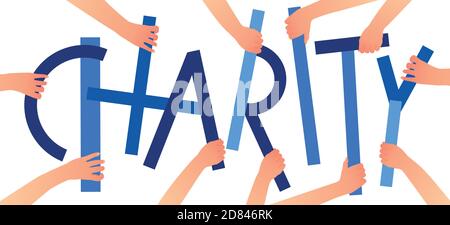 Hands holding shapes creating world CHARITY. Charity share. Donate, giving money. Vector illustration, flat style design. Stock Vector