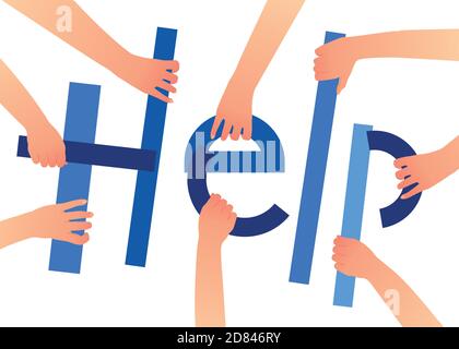 Hands holding shapes creating world HELP. Charity share. Donate, giving money. Vector illustration, flat style design. Stock Vector
