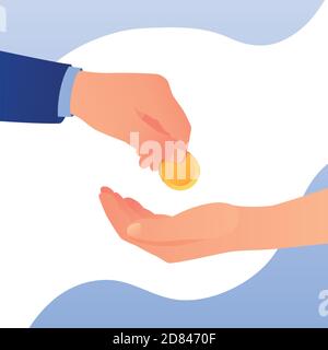 Man gives money to another man's hand for donations. Coin in hand. Helping. Donate, giving money. Vector illustration, flat style design. - Vektor Stock Vector