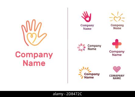 Set of different logos for charity, non-profit organizaiton, fundraising event, volunteer centre. Simple modern design. Stock Vector