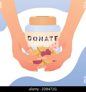 Woman holding a container for donations. Donation box. Donate, giving money. Modern vector illustration, flat style design with gradient. Stock Vector