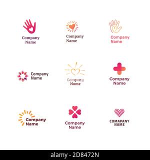 Set of different logos for charity, non-profit organizaiton, fundraising event, volunteer centre. Simple modern design. Stock Vector