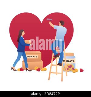 Charity illustration with people who care about big heart. Charity care, help. Donate, giving money. Vector illustration, flat style design. Stock Vector