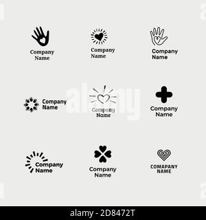 Set of different logos for charity, non-profit organizaiton, fundraising event, volunteer centre. Simple modern design. Stock Vector