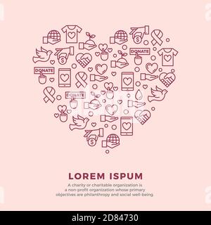 Charity and donation banner design template with vector line icon elements set in heart form. Card flyer poster illustration with your text for volunt Stock Vector