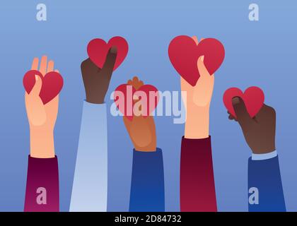 Hands holding hearts. Charity share. Donate, giving money. Vector illustration, flat style design. Stock Vector