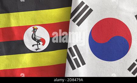 South Korea and Uganda two flags textile cloth 3D rendering Stock Photo