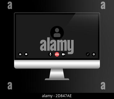 Video conference user interface on realistic computer, video conference calls window overlay. Stock Vector