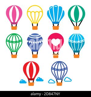 Hot air balloon and vector color icons set - air transportation, travel concept Stock Vector