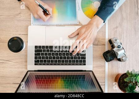 close up. designer works with a color palette . Stock Photo