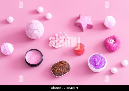 Spa composition with body care items on a colored background . Spa and body care concept . Flatlay. Stock Photo