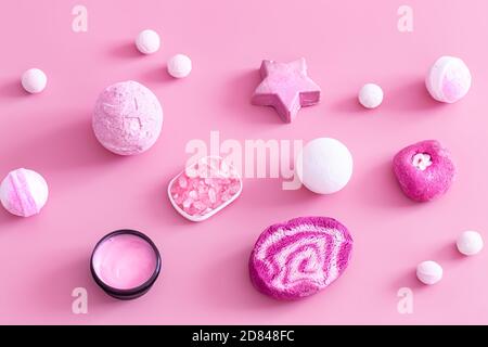 Spa composition with body care items on a colored background . Spa and body care concept . Flatlay. Stock Photo