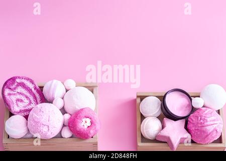 Spa composition with body care items on a colored background . Spa and body care concept . Flatlay. Stock Photo
