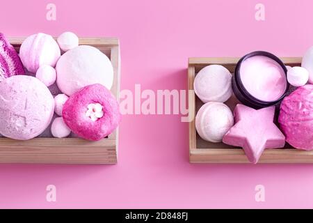 Spa composition with body care items on a colored background . Spa and body care concept . Flatlay. Stock Photo