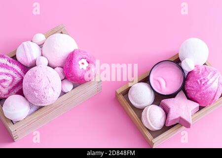 Spa composition with body care items on a colored background . Spa and body care concept . Flatlay. Stock Photo