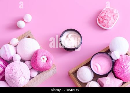 Spa composition with body care items on a colored background . Spa and body care concept . Flatlay. Stock Photo