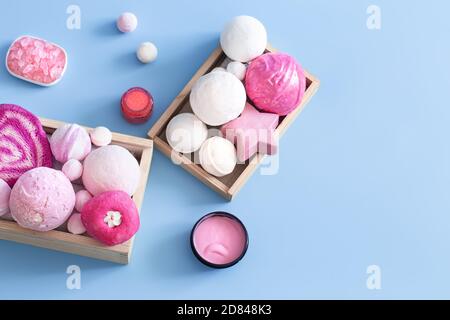 Spa composition with body care items on a colored background . Spa and body care concept . Flatlay. Stock Photo