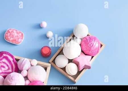 Spa composition with body care items on a colored background . Spa and body care concept . Flatlay. Stock Photo