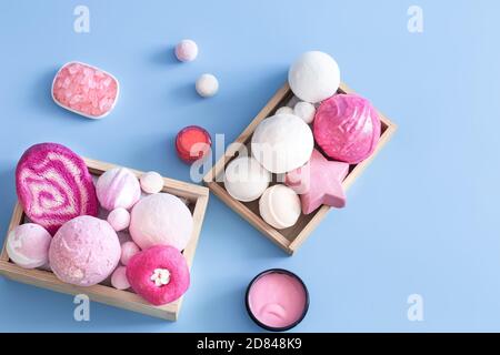 Spa composition with body care items on a colored background . Spa and body care concept . Flatlay. Stock Photo