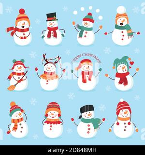 Set of winter holidays snowman. Cheerful snowmen in different costumes. Snowman chef, magician, snowman with candy and gifts Stock Vector