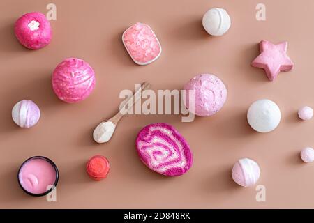Spa composition with body care items on a colored background . Spa and body care concept . Flatlay. Stock Photo