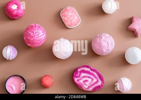 Spa composition with body care items on a colored background . Spa and body care concept . Flatlay. Stock Photo