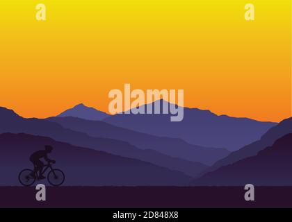 Person riding bicycle. Mountain and sunset background. Vector illustration Stock Vector