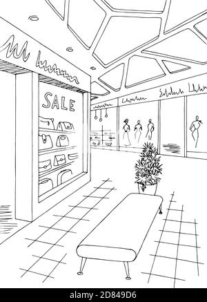 Shopping mall graphic black white interior sketch vertical illustration vector Stock Vector