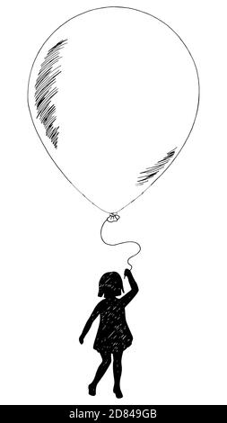 Girl with a balloon silhouette graphic black white isolated sketch illustration vector Stock Vector