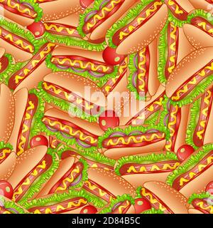 Appetizing hot dog sandwiches seamless pattern with smoked frankfurters seasoned with mustard. Use as fast food backdrop, takeaway menu, street food theme or cafe menu design Stock Vector