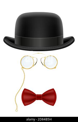 black retro bowler hat with glasses and bow tie vector illustration isolated on white background Stock Vector