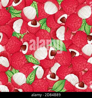 Exotic lychee fruit seamless pattern. Print for fabric, textile, wrapping paper, background design vector illustration. Ripe lychee fruits, slices, juicy pulp, lychee bone Stock Vector