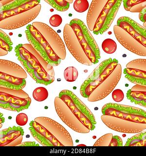 Appetizing hot dog sandwiches seamless pattern with smoked frankfurters seasoned with mustard. Use as fast food backdrop, takeaway menu, street food theme or cafe menu design Stock Vector