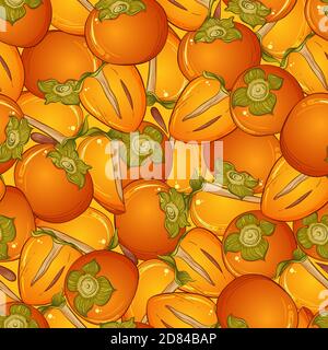 Hand drawn seamless pattern with sweet whole and cut in half fresh persimmon fruits. Vector illustration for wrapping paper, card, invitation, gift, fabric, textile, package, label. Stock Vector