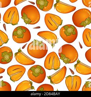 Hand drawn seamless pattern with sweet whole and cut in half fresh persimmon fruits. Vector illustration for wrapping paper, card, invitation, gift, fabric, textile, package, label. Isolated on white Stock Vector