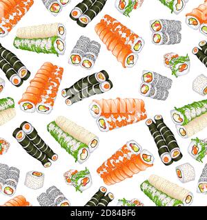 Vector seamless pattern of Sushi rolls japanese sea food. Vector illustration for wrapping paper, fabric, textile, package, label. Menu and restaurant decoration Stock Vector