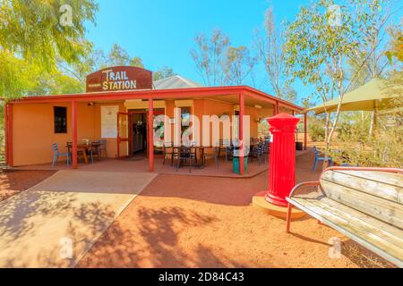 Alice Springs, Northern Territory, Australia - Aug 14, 2019: Alice Springs telegraph station with red mailbox of post office. Historic landmark in Stock Photo